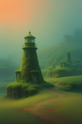 Ethereal Verdant Surrealism style reference image — scale contrast with tiny silhouettes