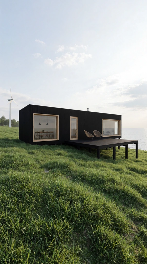 A stark matte black rectangular modular house rests on a lush grassy slope overlooking a calm body of water. Light wood frames surround a front window revealing a modern dining interior, a central glass door, and a wide side window. A stilted black deck extends rightward, furnished with two woven lounge chairs. Vibrant green grass heavily textures the foreground, creating a sharp visual contrast with the dark geometric architecture. A white wind turbine and distant trees line the left horizon under a pale, softly clouded sky in this bright, photorealistic architectural rendering.