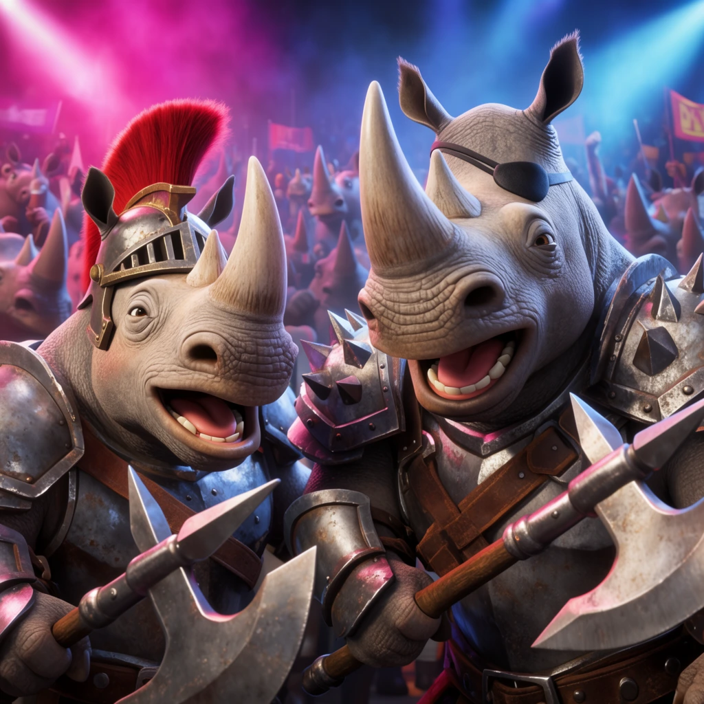 two anthropomorphic armored rhinoceros warriors at a lively rally, left rhino in a crimson crested helmet, right rhino wearing an eyepatch and spiked steel pauldrons, grey leathery skin, wide cheering snouts, gripping metallic halberds, blurred background crowd of chanting rhinos, dramatic magenta and electric blue spotlights piercing fog, cinematic 3D animation, detailed textures, shallow depth of field, bold low-angle perspective