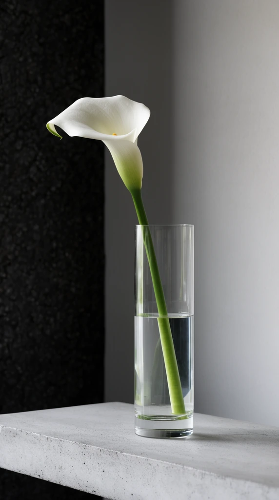 single white calla lily in a tall cylindrical glass vase with shallow water, green stem refracting through clear glass, resting on a light grey concrete shelf, background corner featuring a dark textured wall and a smooth light grey wall, minimalist architectural composition, soft directional lighting, modern still life photography, sharp focus