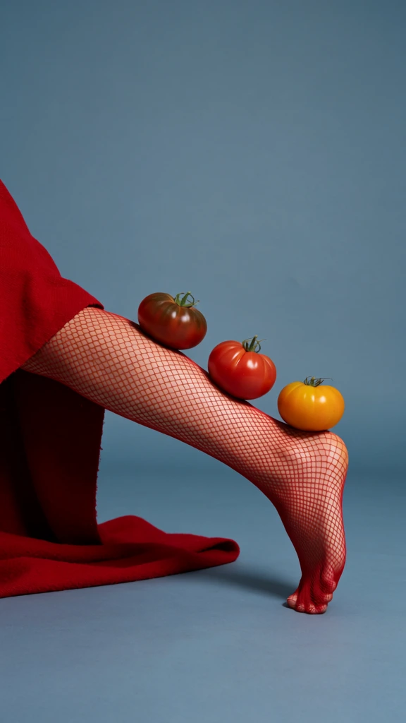 Three tomatoes balance atop a leg wearing red fishnet stockings as it extends from beneath a heavy red garment against a muted blue-grey background. The person's lower leg and foot, clad in wide-mesh red fishnet stockings, extend horizontally from the left towards the right. The foot is sharply arched with the toes pointing downward and resting on the floor. Three round heirloom-style tomatoes are perched along the upper edge of the leg: a dark brownish-red tomato sits near the calf, a medium red tomato is positioned in the middle, and a yellowish-orange tomato balances on the heel. Each tomato retains a small, dried green stem at its top. A thick, textured red fabric pools on the left side of the frame, completely concealing the rest of the body. The entire scene is set in a minimalist studio environment with a seamless, solid blue-grey floor and backdrop. The composition is a side-profile view captured from a low camera angle near the floor level. Soft, even lighting creates subtle shadows beneath the leg, fabric, and tomatoes, highlighting the physical textures of the knit mesh and the smooth skins of the fruit. The color palette is characterized by the bold contrast between the vibrant red elements and the desaturated, cool-toned background.