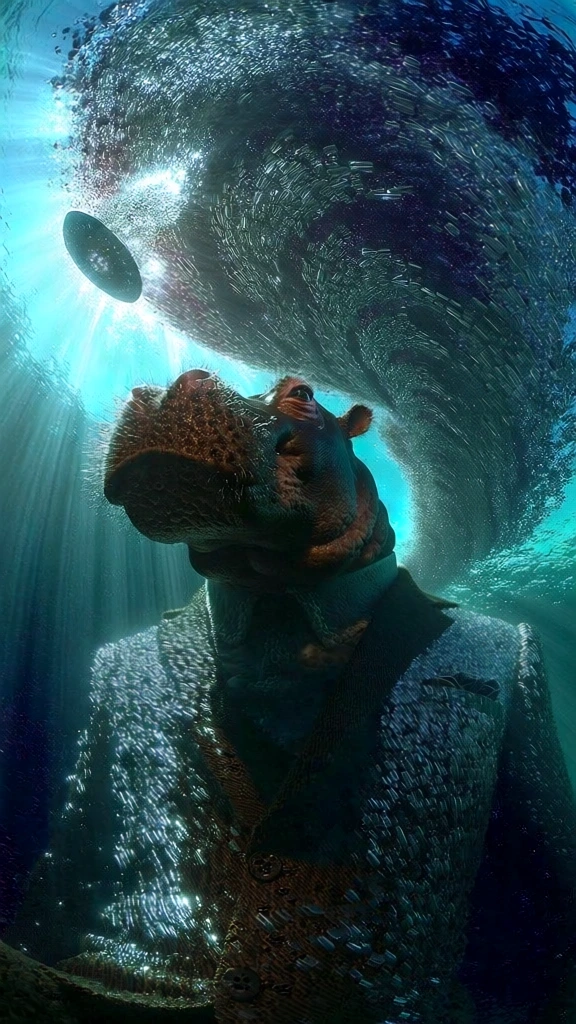 low-angle subaquatic shot, a majestic hippopotamus in a sharp tailored suit and white shirt standing as a central pillar, a massive swirling vortex of a single glowing flying saucer and its metallic trail spiraling upwards, dramatic chiaroscuro lighting with ethereal sunbeams piercing the dark turquoise water, cinematic wide-angle perspective, intricate fabric textures mixed with chrome reflections, surrealist retro-futuristic corporate aesthetic, deep indigo and teal tones