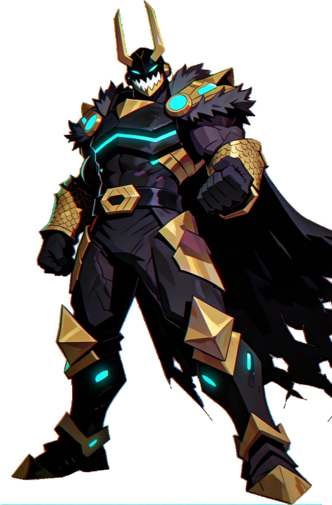 A muscular, armored warrior stands in a powerful, wide-legged stance against a plain white background, wearing a suit of black and gold plating accented with glowing cyan lights. The figure's black helmet is topped with two long, vertical golden horns and displays a wide, jagged white grin beneath a dark visor. Heavy black chest armor features a horizontal glowing cyan line across the pectorals, while the shoulder plates are adorned with dark grey fur trim and circular cyan lights. Each forearm is covered in a textured golden gauntlet, and the hands are encased in black gloves, with the left fist clenched and held forward. A geometric golden buckle sits at the center of a black belt, and the armored legs feature sharp, triangular gold plates at the knees and shins, with small cyan lights integrated into the side joints. A long, tattered black cape billows out from the back, trailing toward the right side of the frame with a frayed, uneven edge. The digital illustration uses a cel-shaded artistic style with sharp outlines and a low-angle perspective that emphasizes the character's height and bulk. The lighting highlights the metallic sheen of the gold and the matte finish of the black armor, with the internal cyan glows providing the primary highlights. The rendering features visible aliasing along the edges of the character, giving it a digital, pixelated appearance.