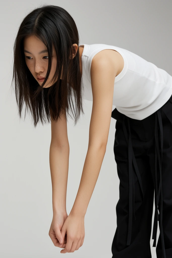 young East Asian woman bending forward at the waist, white ribbed sleeveless tank top, loose black trousers with dangling fabric ties, dark straight hair hanging downward over her face, subtle freckles, neutral expression looking down and left, arms extended downward, hands lightly clasped together, plain light grey studio background, soft diffused lighting, contemporary fashion photography, neutral color palette, crisp focus, clean composition