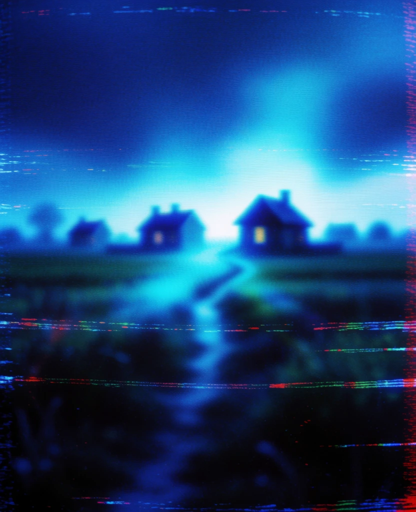 blurred silhouettes of houses across a dark field with a narrow path, heavy crt scanline aesthetic, deep indigo and electric blue color palette, distorted analog signal effects with horizontal tracking errors, grainy digital noise, ethereal cyan light bloom emanating from the central landscape against a pitch black background, subtle red chromatic aberration artifacts, low-resolution vhs glitch style with glowing highlights and a dark atmospheric cinematic mood.