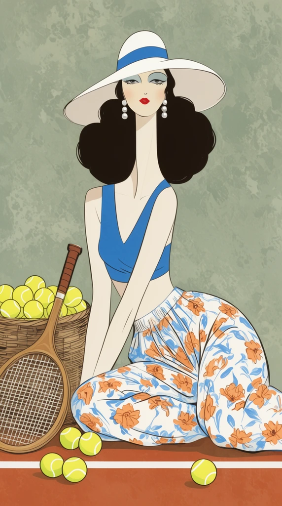 Art Deco fashion illustration, elegant woman seated on a terracotta floor with a white line, stylized elongated neck, pale skin, voluminous dark hair, wide-brimmed white hat with blue ribbon, blue crop top and loose trousers adorned with orange floral patterns, leaning near a woven basket full of yellow tennis balls, wooden tennis racket and scattered balls on the ground, pearl drop earrings, red lips, mottled sage green background, graceful linework, flat colors, vintage aesthetic