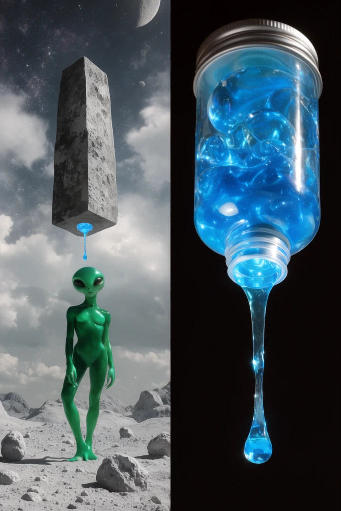 Two-page art book spread, surreal lunar landscape, floating monolith, emerald alien pouring glowing blue gel from a hovering canister, right page macro detail of the pouring canister against a solid black background, stark lighting, dreamlike sci-fi composition
