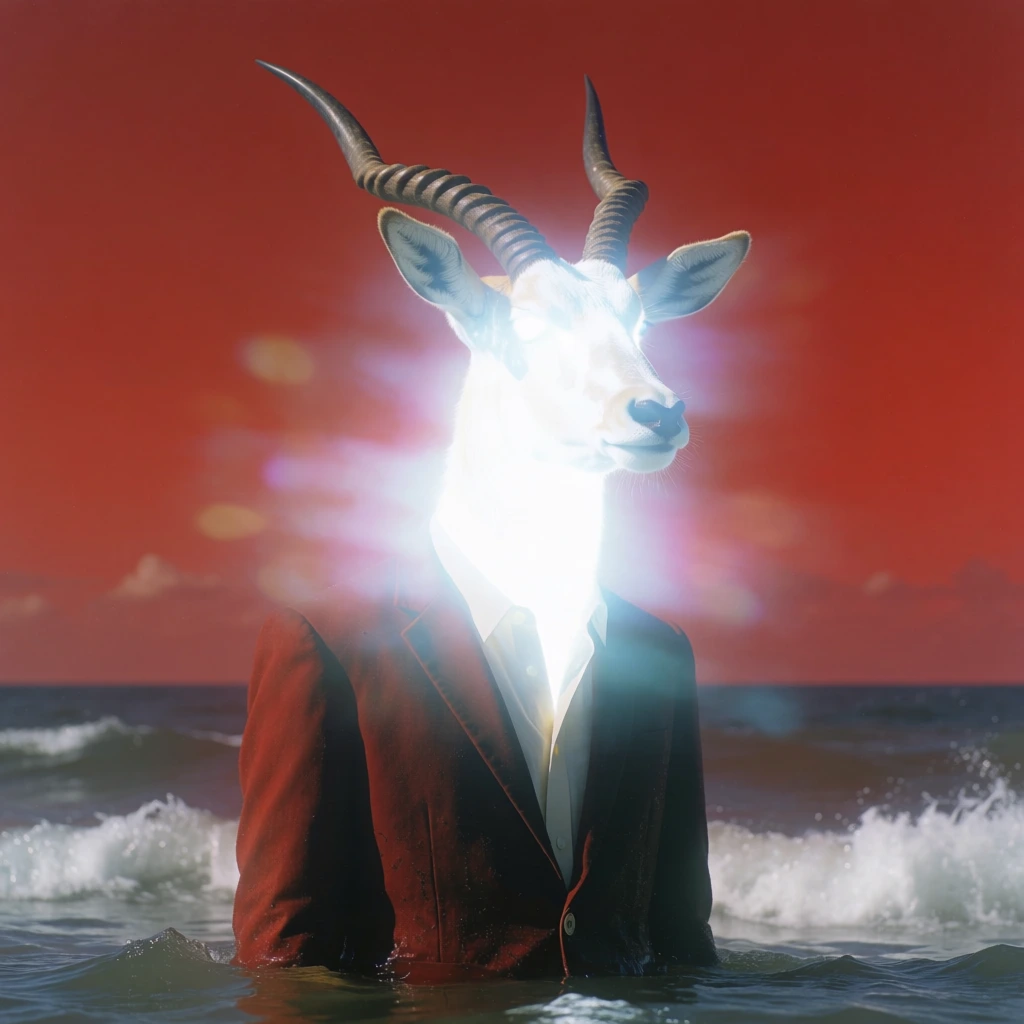 surrealist cinematic photography, a majestic antelope standing in a deep crimson ocean wearing a tailored jacket and collared shirt, the upper body and head emitting an intense ethereal white glow with heavy light bloom, crashing waves around the legs, salmon orange sky meeting a dark red horizon, high contrast, heavy film grain, lo-fi analog aesthetic, saturated red and burgundy tones, dream-like experimental mood, center-weighted composition