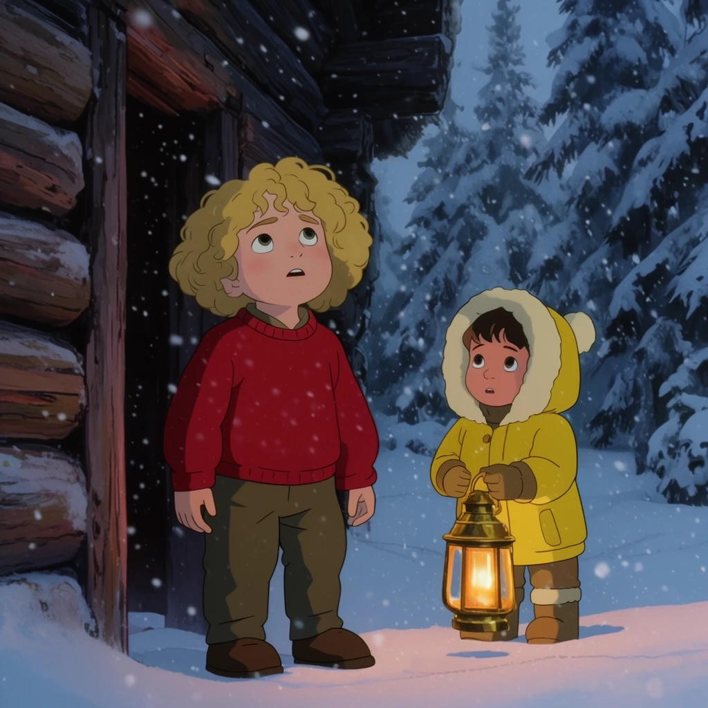 Older child with curly blonde hair in red sweater looking upwards, younger child in yellow winter parka holding glowing brass lantern, rustic log cabin doorway, heavy snowfall, dense snowy pine forest background, twilight, 2D animation style, cinematic lighting, medium shot