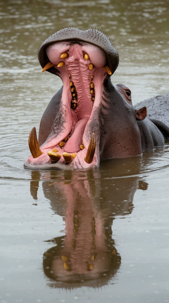 submerged hippopotamus with massive open jaws, pink palate, yellow teeth, clear reflection on rippled murky water, wet gray skin, daylight wildlife photography