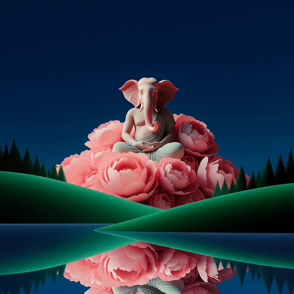 surreal minimalist 3d digital illustration, elephant-headed deity sitting cross-legged nestled in a dense arrangement of pink peonies, retro-futuristic aesthetic, deep navy blue sky, vibrant emerald green rolling hills, soft dusty pink and salmon tones, smooth gradients, ethereal diffused lighting, sharp silhouettes of pine trees, calm water reflection, dreamlike atmosphere, sleek polished textures, minimalist composition, serene and mystical vibe