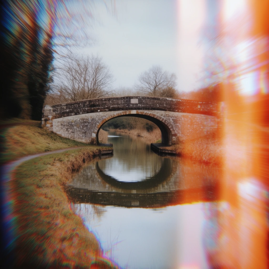 stone arch bridge spanning a calm canal, symmetrical water reflection, earthy grassy banks, extreme radial zoom blur, heavy chromatic aberration, vibrant orange and white light leaks, lo-fi photography aesthetic
