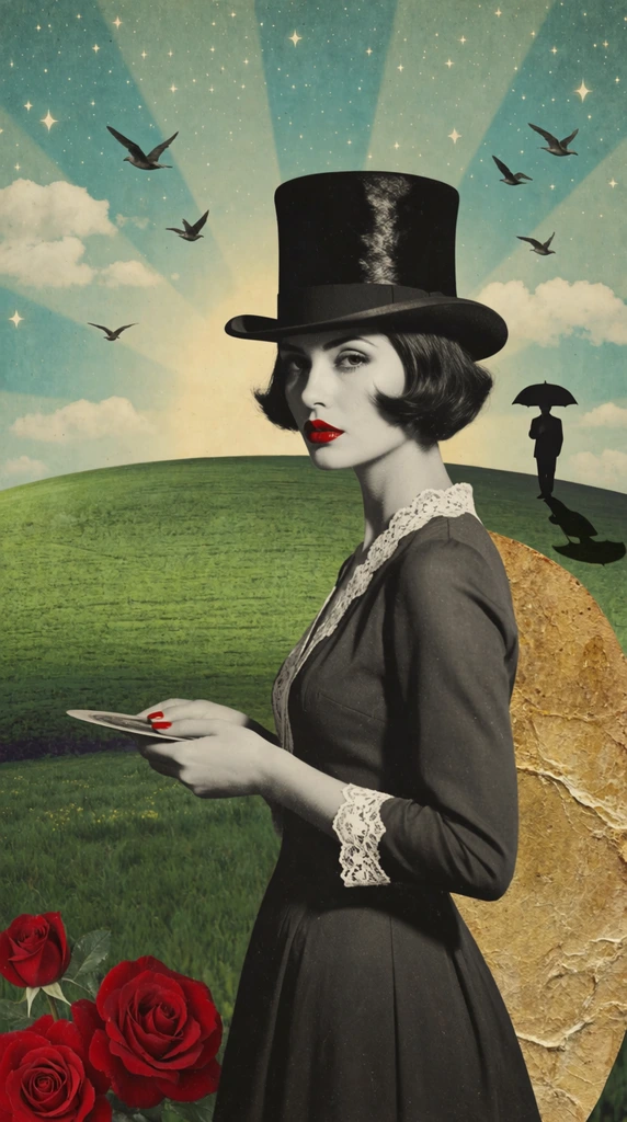 woman with dark bob hair in black top hat and dark dress with white lace trim, red lips, red nails holding small flat object, surreal landscape background, curved green hill, starry blue-green sky with sun rays and flying birds, textured golden shape behind shoulder, shadow silhouette of man with umbrella, red roses in foreground, vintage collage surrealism