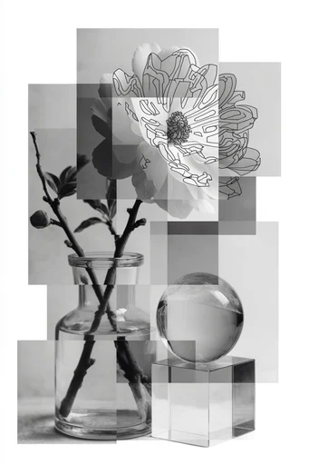 Fragmented Monochrome Surrealism style reference image — deconstructed portraiture