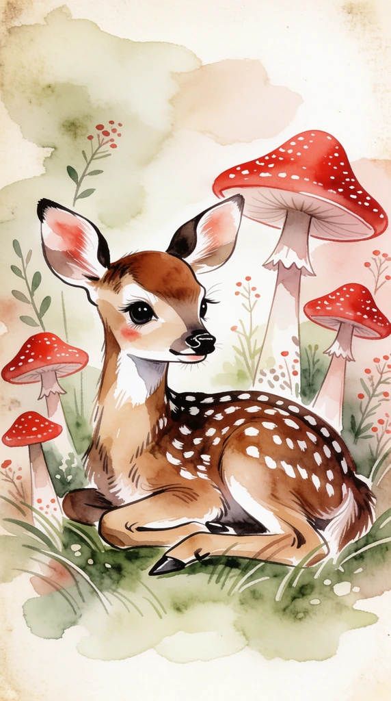 resting fawn with a brown white-spotted coat and large dark eyes, surrounded by tall red mushrooms with white speckles, nestled in soft green grass and delicate foliage, whimsical watercolor illustration, soft translucent washes, muted earthy background, vintage aesthetic, textured watercolor paper, loose expressive brushstrokes