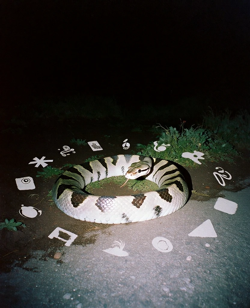 on-camera harsh direct flash, pitch-black nocturnal void background, centered perspective of a thick-bodied snake forming a perfect circle on gritty asphalt and dark soil, surrounded by a ring of small white flat-graphic icons, blown-out highlights on the skin, heavy color-fringed film grain, lo-fi liminal aesthetic, raw snapshot quality, 1:1 square format, amateur flash-lit documentary style, surreal and uncanny atmosphere, high contrast, deep crushed shadows, 35mm point-and-shoot look.