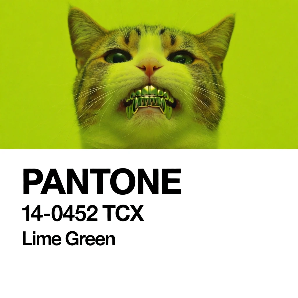 minimalist pantone color swatch layout, close-up portrait of a cat wearing a shiny metallic grill, the cat is set against a flat vibrant lime green background matching pantone 14-0452 tcx inside the top rectangular frame, classic white border, white bottom section with bold black sans-serif typography reading pantone 14-0452 tcx lime green, high-end graphic design aesthetic, clean lines, studio lighting, professional brand agency style, pentagram inspired.