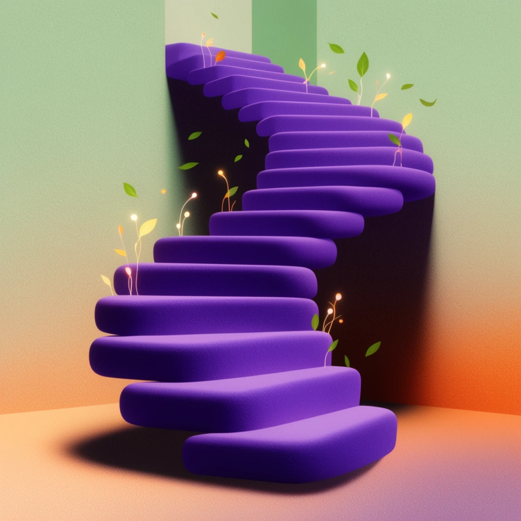 A surreal digital illustration of a spiraling purple staircase ascending in a minimalist geometric room. Glowing stems and floating leaves drift around the thick rounded steps. The background features a soft pale green to warm orange gradient, enhanced by deep shadows and a tactile stippled noise texture.