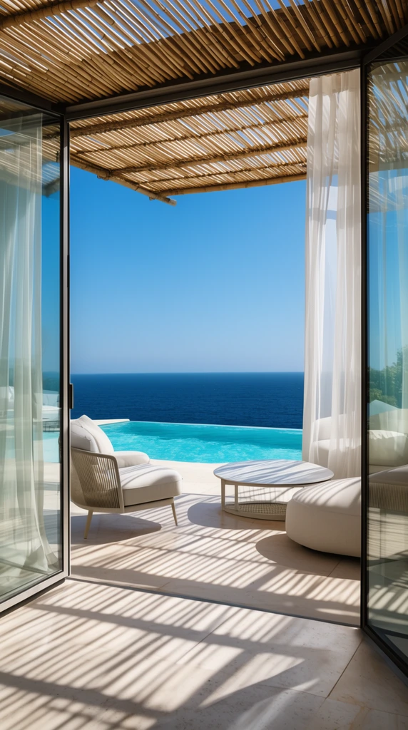 luxury sunlit terrace overlooking deep blue ocean, turquoise infinity pool, slatted bamboo pergola casting striped shadows, modern outdoor furniture, open glass doors, sheer white curtains, clear sky