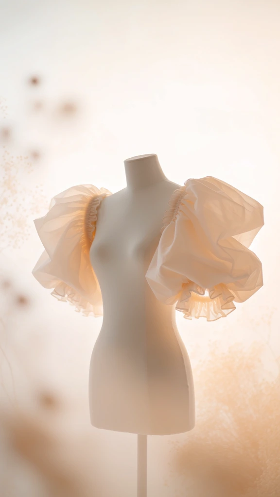 minimalist editorial photograph of a mannequin torso wearing voluminous detached puff sleeves, ethereal backlighting creating a translucent glow, soft-focus hazy background in creamy off-white and warm beige, delicate organic textures, high-key atmospheric lighting, elegant centered composition with expansive negative space, warm peach and ivory color palette, light filtering through sheer materials, sculptural silhouette, professional studio aesthetic, dreamlike quality.