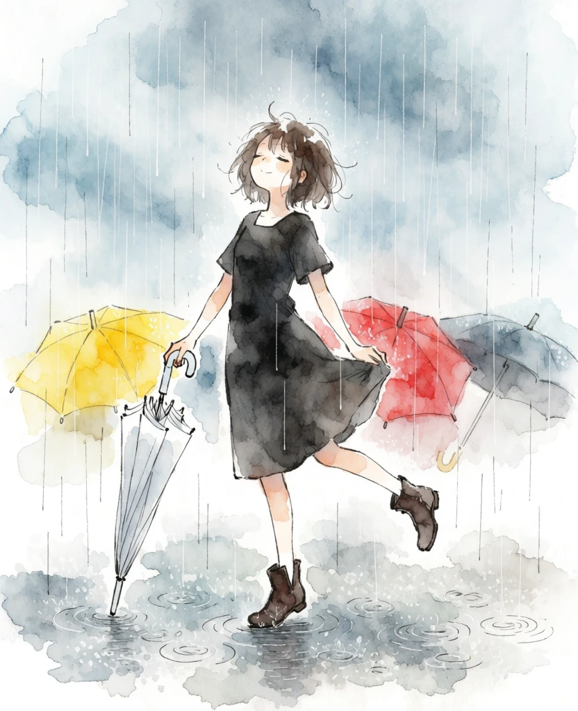A young woman in a black dress stands joyfully in the falling rain, surrounded by colorful umbrellas in the distance in this watercolor illustration. The central figure has short, messy brown hair and tilts her head back with closed eyes and a gentle smile, facing the sky. She wears a simple, short-sleeved black midi dress and dark brown ankle boots. Her right hand holds the handle of a closed white umbrella that rests against the ground, while her left hand lightly lifts the hem of her skirt as she kicks her left leg back in a playful, dance-like pose. The environment is hazy and overcast, filled with thin, vertical grey lines that represent steady rainfall. In the middle ground, a bright yellow umbrella and a vibrant red umbrella emerge from a layer of soft, low-lying mist. The ground is a pale, translucent grey with delicate ripples forming around her boots and the tip of the umbrella. The artistic style features desaturated ink washes and watercolor bleeds, creating a soft, atmospheric effect with muted blue and grey tones contrasted by the primary colors of the background umbrellas. The composition is vertically oriented and centered on the woman, using a straight-on eye-level perspective with a diffused, even light that eliminates harsh shadows.