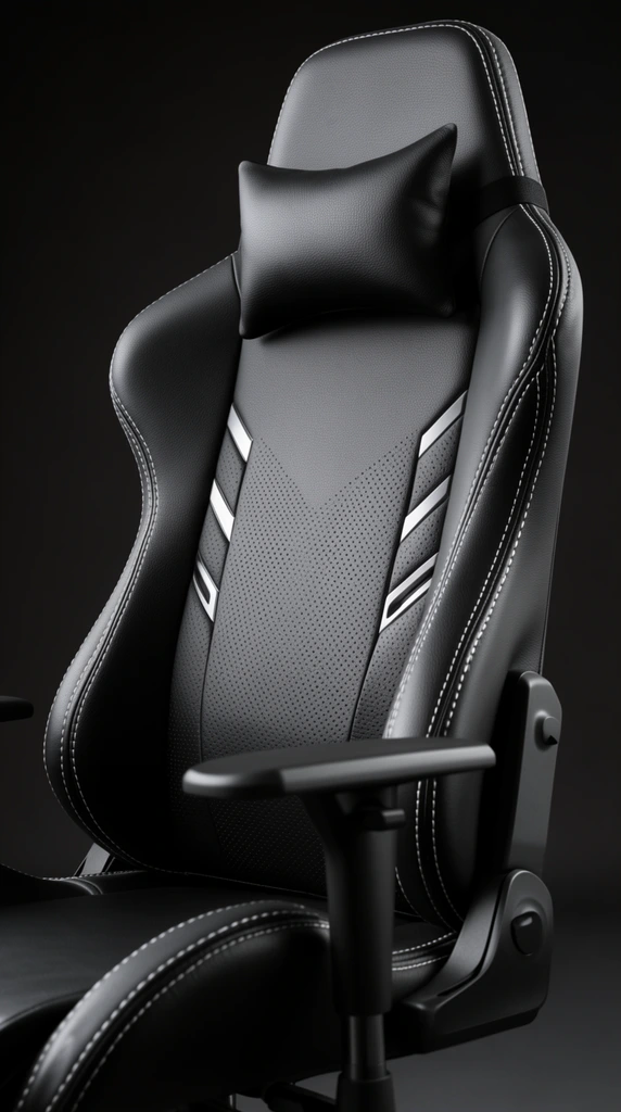 close-up of a sleek black ergonomic gaming chair, premium textured leather, prominent white contrast stitching along curved side bolsters, plush rectangular headrest pillow, central backrest panel featuring a micro-perforated pattern and metallic silver chevron accents, matte black adjustable armrests, dramatic studio lighting highlighting subtle material textures, solid dark background, shallow depth of field, high-end product photography