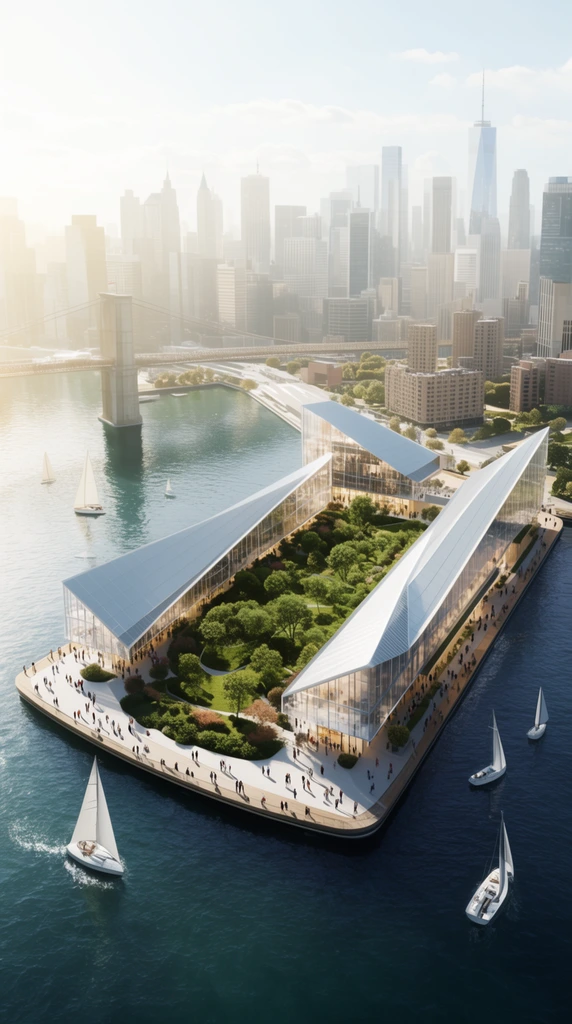Aerial architectural rendering of a U-shaped floating pier in a bay. Sloped-roofed glass buildings enclose a central green park. Tiny figures stroll the promenades alongside sailboats. A dense modern city skyline and a suspension bridge span the bright, hazy, sunlit background.