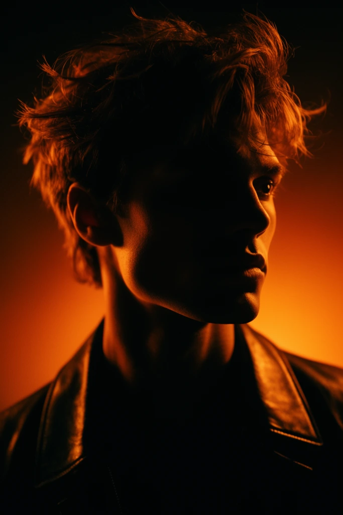 close-up portrait of a young man in deep shadow, intense warm amber backlighting illuminating messy hair and sharp jawline, dark leather jacket, glowing orange background fading to pitch black, cinematic low-key chiaroscuro