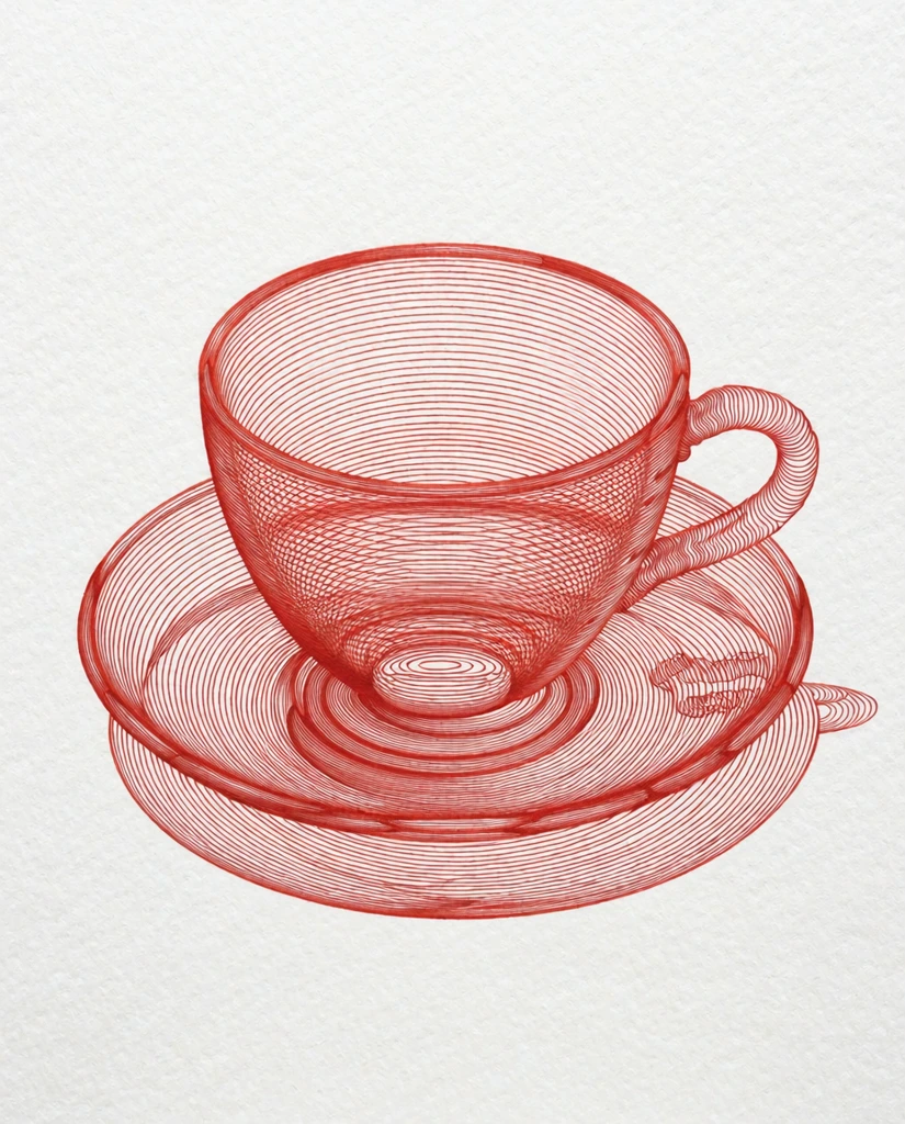 teacup and saucer composed of intricate red contour lines, topographic line art, flowing continuous parallel curves on white textured paper, illusion of three-dimensional volume and glass transparency, varying line density creating deep shadows, minimalist red and white palette, precise technical pen illustration