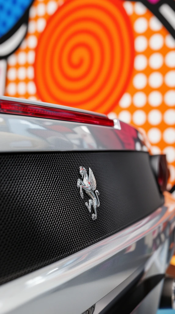 close up silver sports car rear, textured black mesh grille, chrome winged griffin ornament, thin red brake light, shallow depth of field, blurred vibrant pop art background, concentric orange circles, white polka dots, glossy finish, sharp focus