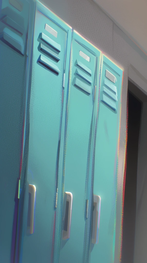 A tilted low-angle view of cyan metal lockers featuring top ventilation louvers and silver handles. A dark open doorway sits to the right against a gray wall. The 2D animated aesthetic includes prominent halftone dot texturing, soft glowing highlights, and striking chromatic aberration along the structural edges.