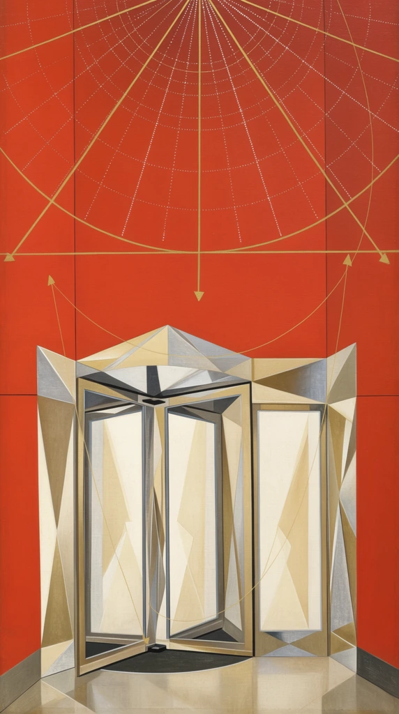An empty lobby with a high ceiling and tall glass doors rendered in an abstract, geometric Italian Futurist painting style. The architectural forms of the tall doors and spatial boundaries are constructed from sharp, faceted, origami-like triangular planes in shades of cream, beige, metallic silver, and charcoal. These three-dimensional structural illusions sit against an expansive, flat cadmium red background divided by a single horizontal baseline. From the high ceiling, radiating concentric circles of fine white dots and straight, intersecting gold lines beam downward across the stark red walls. Sweeping, delicate gold arcs and precise vector lines terminating in small geometric arrows map the spatial geometry and scale of the room. The artwork exhibits a matte canvas texture with meticulous, technical draftsmanship, combining bold, high-contrast color blocking with Cubist-inspired architectural rendering.
