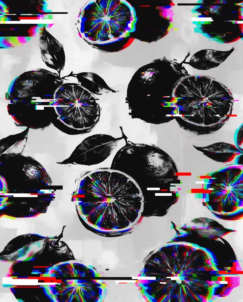 A repeating pattern of whole citrus fruits, halved citrus fruits, and leaves on a plain background, executed in a high-contrast digital glitch art aesthetic. The citrus elements and leaves form stark, densely textured black silhouettes with rough, smudged, painterly edges, contrasting sharply against a pale, mottled light gray and white background with visible brushstrokes. Aggressive digital interference fractures the patterned botanical shapes, characterized by severe horizontal displacement and intense RGB chromatic aberration radiating neon cyan, magenta, and bright green. Sharp, horizontal blocky artifacts and pixel sorting—manifesting as solid bars of white, vivid red, and black—slice directly through the dark fruit silhouettes, merging the organic motif with precise, corrupted technological visual effects.