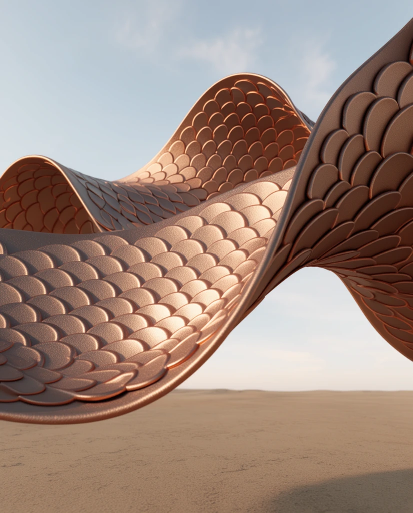 Abstract, undulating ribbons of copper-toned material float above a sandy desert under a pale blue sky. The sweeping ribbons arch dynamically through the air, their surfaces composed of overlapping scalloped scales with a textured, matte metallic finish. Warm sunlight catches the raised edges of the scales, casting deep shadows within the fluid curves and illuminating the intricate geometry. A smooth, barren sand floor stretches toward a distant flat horizon beneath faint, wispy clouds. Rendered in a photorealistic 3D style from a low-angle perspective, the composition emphasizes the wave-like motion of these patterned structures juxtaposed against the vast, serene earth-tone environment.