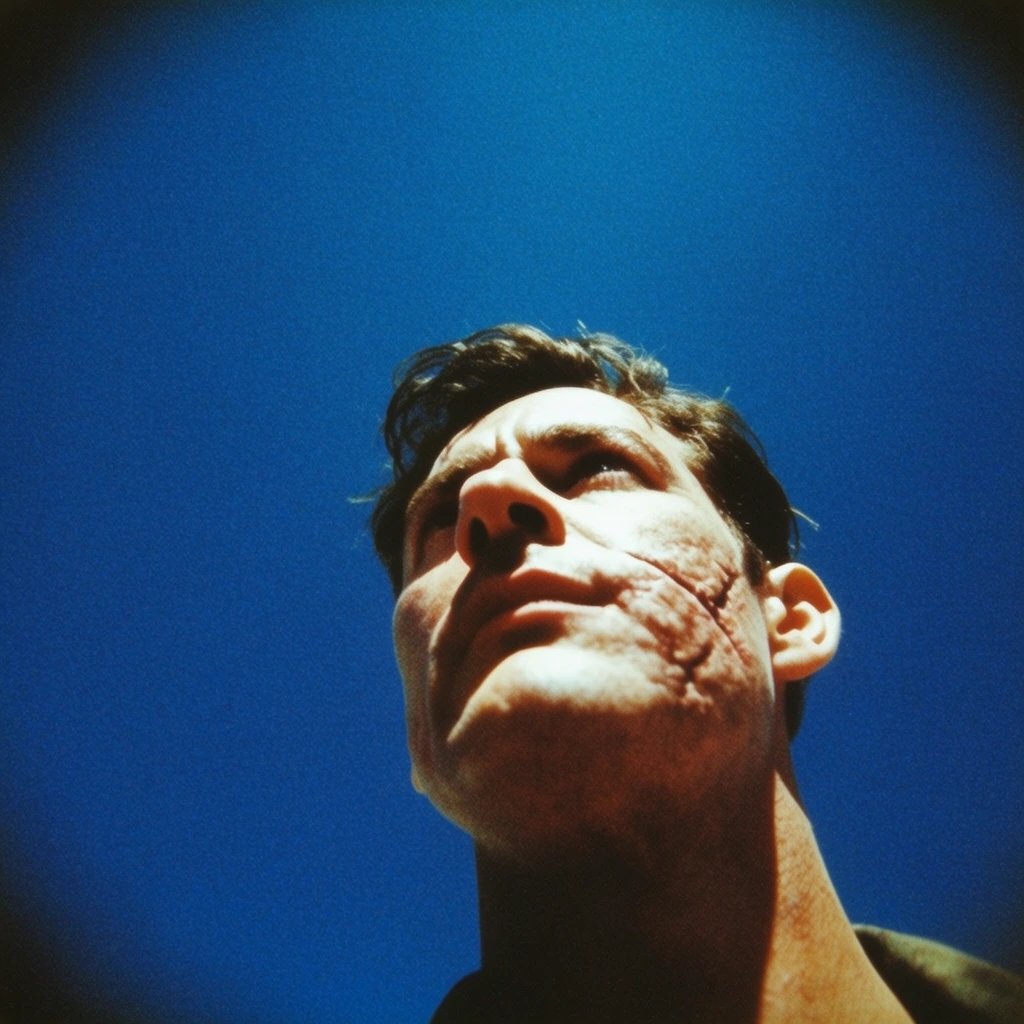A man with a scarred cheek looks off, captured from an extreme low-angle, worm's-eye perspective looking sharply upward. He is isolated against a vast, solid expanse of deep, vibrant cerulean blue. Harsh, direct sunlight heavily illuminates his face, casting dense, high-contrast shadows and creating stark, bleached-out highlights that define the raised texture of his facial scar. The image features a vintage analog film aesthetic characterized by high color saturation, prominent film grain, a wide-angle lens effect, and dark vignetting around the corners of the frame.