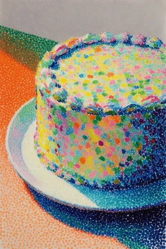 Vibrant Risograph Surrealism style reference image — optical color mixing