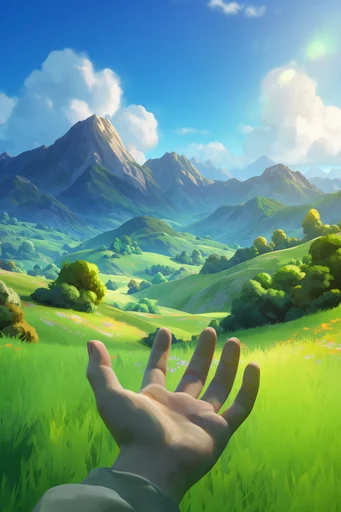 Vibrant Ghibli Fantasy style reference image — lush green landscape