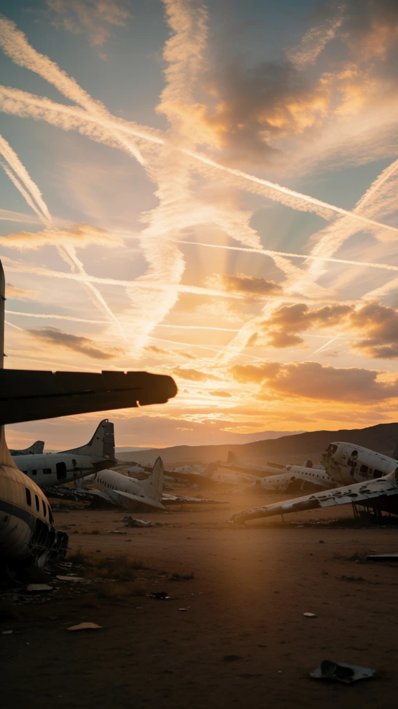 abandoned airplane graveyard at sunset, cinematic photography, post apocalyptic melancholic vibe