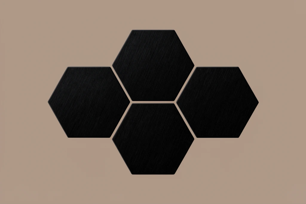 Four black hexagons form an interlocking honeycomb cluster centered on a smooth, solid beige background. The dark geometric shapes feature a subtle, fine diagonal brushed texture across their surfaces. This minimalist, abstract composition highlights the stark contrast between the textured black polygons and the flat taupe environment, with precise, even gaps of negative space separating each tile.