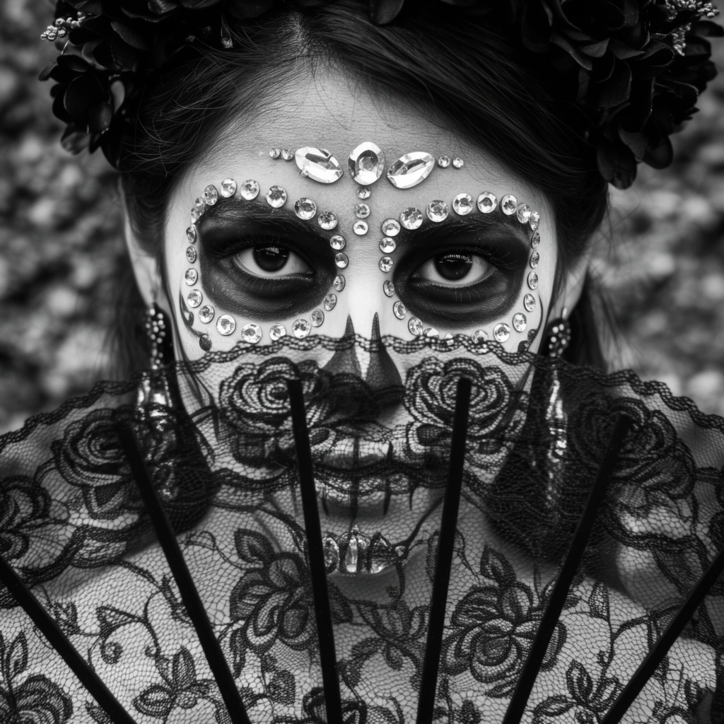 close-up black and white portrait of a woman with intricate sugar skull makeup, dark floral crown, partially obscuring her face with a sheer black lace fan featuring large rose motifs, sparkling rhinestones adorning her forehead and darkened eye sockets, intense direct gaze, dangling earrings, blurred textured background, high contrast monochromatic photography, sharp focus on expressive eyes and delicate lace texture