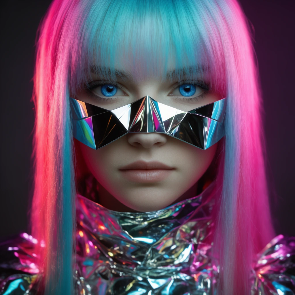 Close-up portrait of a young woman, vibrant neon pink and cyan gradient hair, straight hair with full bangs, striking blue eyes looking forward, geometric faceted chrome visor across nose and cheekbones, highly reflective crinkled metallic collar, neutral facial expression, hyper-realistic cyberpunk aesthetic, studio lighting with intense magenta and cyan rim lights, colorful reflections on polished metal surfaces, dark shadowy background, center-framed symmetrical composition, sharp focus on eyes, dramatic vivid color palette