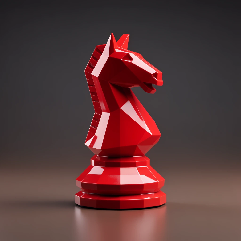 A glossy red knight chess piece, rendered in a low-poly geometric style with sharp facets and a stylized horse head profile, stands centrally on a smooth, reflective matte-brown surface against a seamless dark grey gradient background, lit with soft studio lighting that creates high-contrast highlights on its polished, plastic-like texture.