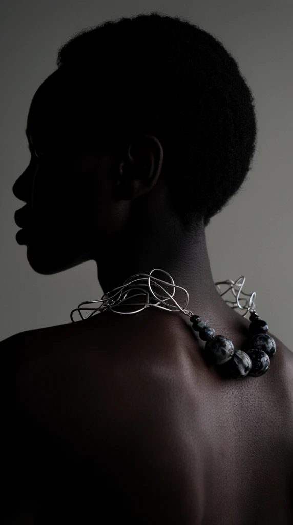 A stark, low-key portrait features a person in silhouette against a muted grey studio backdrop. The subject faces left in strict profile, their face cast in deep shadow while soft light illuminates their bare back and right shoulder. A chunky, sculptural silver wire necklace ending in heavy, marbled dark beads rests on the nape of their neck. This editorial fashion photograph uses a tight crop and minimalist styling to emphasize high contrast, rich skin textures, and the striking metallic jewelry.