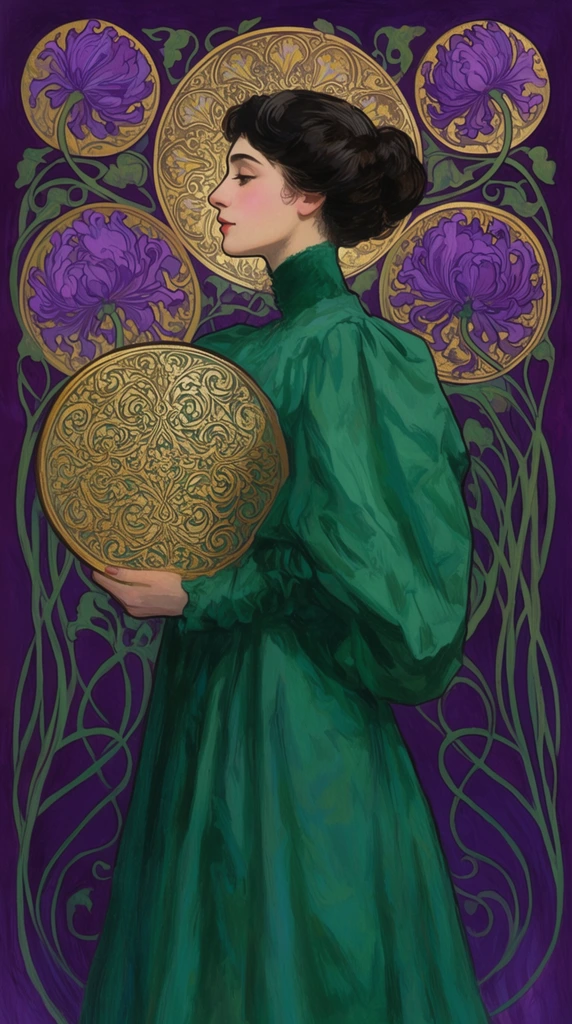 An Art Nouveau illustration of an elegant woman in profile, rendered with rich painterly textures. She wears a voluminous, high-collared emerald-green gown and holds a large circular object covered in intricate golden filigree. Her dark hair is swept into a classic updo, framed by a golden halo-like motif. The deep violet background features symmetrical, sinuous green vines and large purple blooms enclosed in golden circular outlines, utilizing a vibrant jewel-toned palette and highly decorative flowing lines.