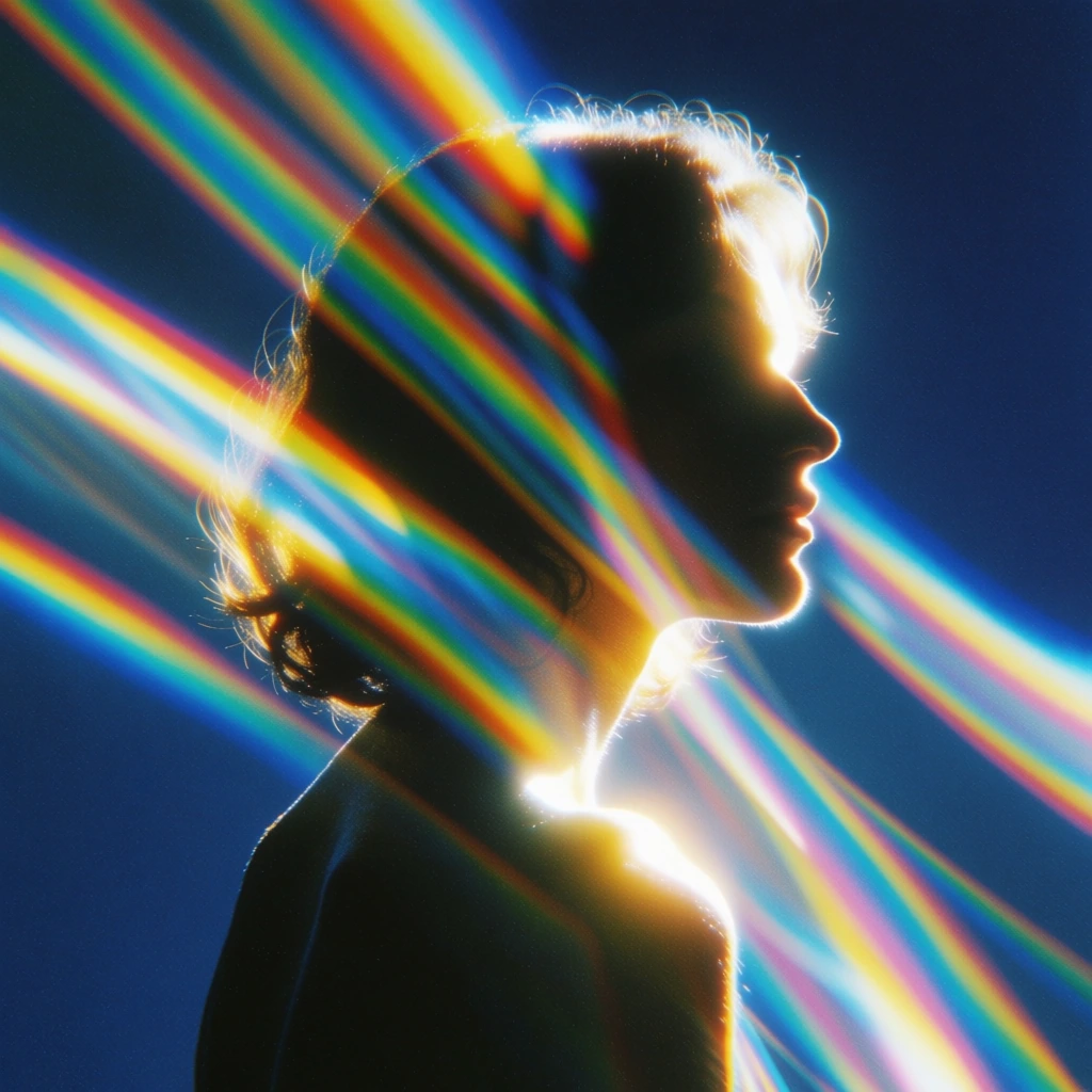 A dark silhouette of a person’s head and shoulders appears in profile against a deep navy blue background, overlaid with vibrant, diagonal prismatic light streaks. The person faces right, their outline defined by the shape of a nose, lips, and wavy, neck-length hair. Intense, brilliant white and yellow highlights glow along the edges of the silhouette, specifically at the crown of the head, the bridge of the nose, and the shoulder, creating a stark rim-lighting effect. Multiple parallel bands of light, refracting into a full spectrum of red, orange, yellow, green, blue, and violet, sweep across the frame from the top left to the bottom right. These light bands are slightly distorted and wavy, appearing to wrap around the central figure and the background. The background is a uniform, grainy dark blue that provides a high-contrast canvas for the luminous elements. The composition is a vertical close-up, focusing on the ethereal interplay of light and shadow. The overall artistic style is characterized by a dreamy, lo-fi aesthetic with visible film grain and chromatic aberration, emphasizing the fluid, spectral quality of the light flares.