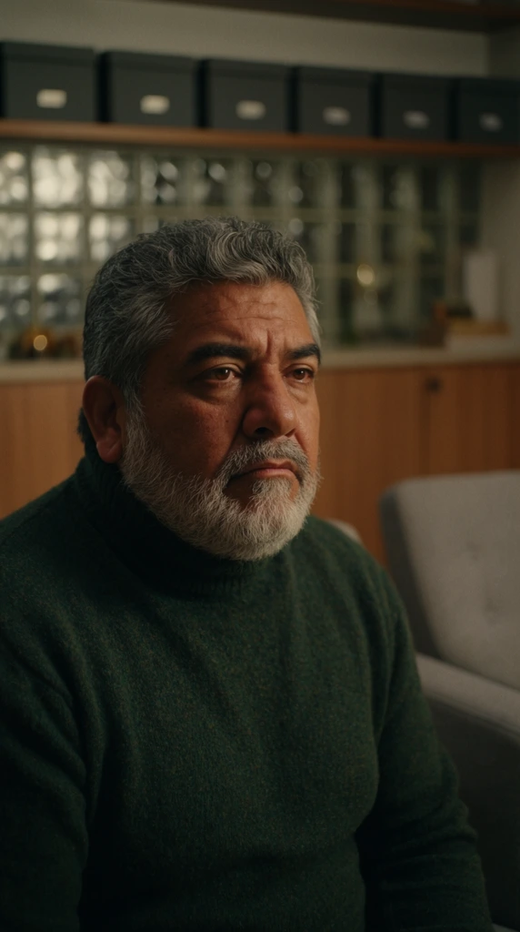 A medium close-up captures a stocky, older Hispanic man with thick salt-and-pepper hair and a full gray beard in a contemplative pose. He wears a heavy dark green wool turtleneck sweater, his deep-set brown eyes staring intently with his mouth firmly closed in quiet reflection. The cinematic lighting casts warm, moody shadows across his textured facial features. Behind him, a softly blurred modern interior features a wooden credenza, stacked glass blocks, and a row of dark gray storage boxes. A soft gray armchair is partially visible in the lower right foreground. The image has a shallow depth of field with rich anamorphic bokeh and a warm, slightly desaturated color grading.