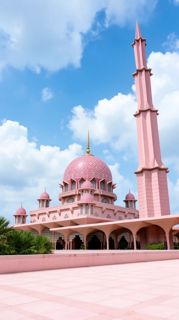 grand rose-pink mosque, large central dome with intricate pink and white geometric patterns, golden finial atop the dome, four smaller matching pink domes, tall multi-tiered pink minaret on the right, tiered architecture with arched windows, covered colonnade, light pink tiled plaza in foreground, low wall, green palm fronds, vibrant blue sky, fluffy white clouds, bright daytime natural sunlight, clear lighting, low angle architectural photography
