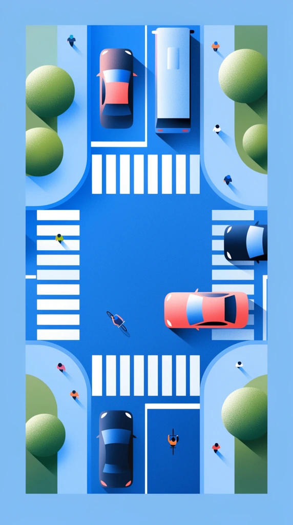 Top-down orthographic illustration of a city intersection, minimalist geometric vector style with grainy stippled gradients, bright blue asphalt roads, stark white crosswalk stripes, stylized cars in gradient coral pink and dark navy casting long diagonal shadows, large rectangular bus, tiny pedestrian figures viewed directly from above, lone cyclist, round green trees with textured shading, light blue curved sidewalks, cool blue dominant palette with warm vibrant accents, soft directional lighting, framed by a solid light blue border