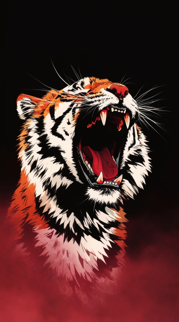 A stylized graphic illustration of a fierce tiger roaring against a pitch-black background. The head tilts upward with jaws stretched impossibly wide, revealing sharp fangs, jagged teeth, and a deep red tongue. Heavy, stark black inking defines the fur, transitioning from vibrant orange at the crown to stark white across the bristling cheeks and neck. Long white whiskers splay outward from the snout. At the base of the neck, the crisp illustration dissolves into a hazy, deep crimson mist that fades into the dark void. The high-contrast lighting and sharp, aggressive lines create an intense, dramatic composition.