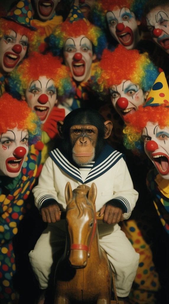A stoic chimpanzee in a white sailor suit sits rigidly on a wooden rocking horse, surrounded by a claustrophobic crowd of manic clowns leaning in aggressively. Wearing vibrant polka-dot suits and neon wigs, the clowns' boisterous expressions contrast sharply with the primate's unamused scowl. The ultra-tight framing crams the figures together under harsh lighting. Shot on vintage 35mm film, the image features highly saturated colors, deep shadows, and heavy cinematic grain.